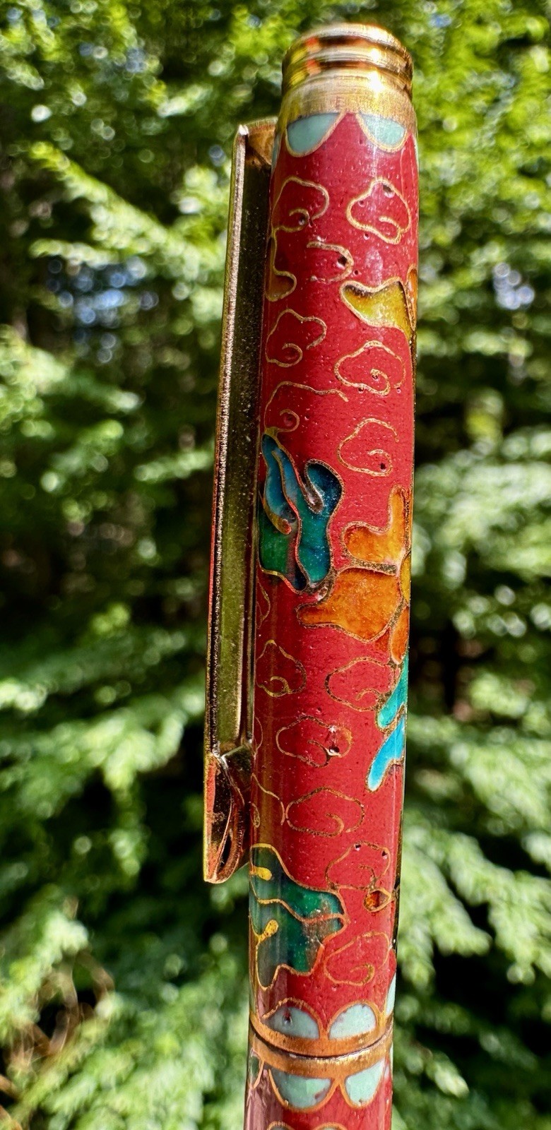 Chinese Cloisonne Pen Floral & Clouds Enameled Brass Ballpoint Pen with Silk Box