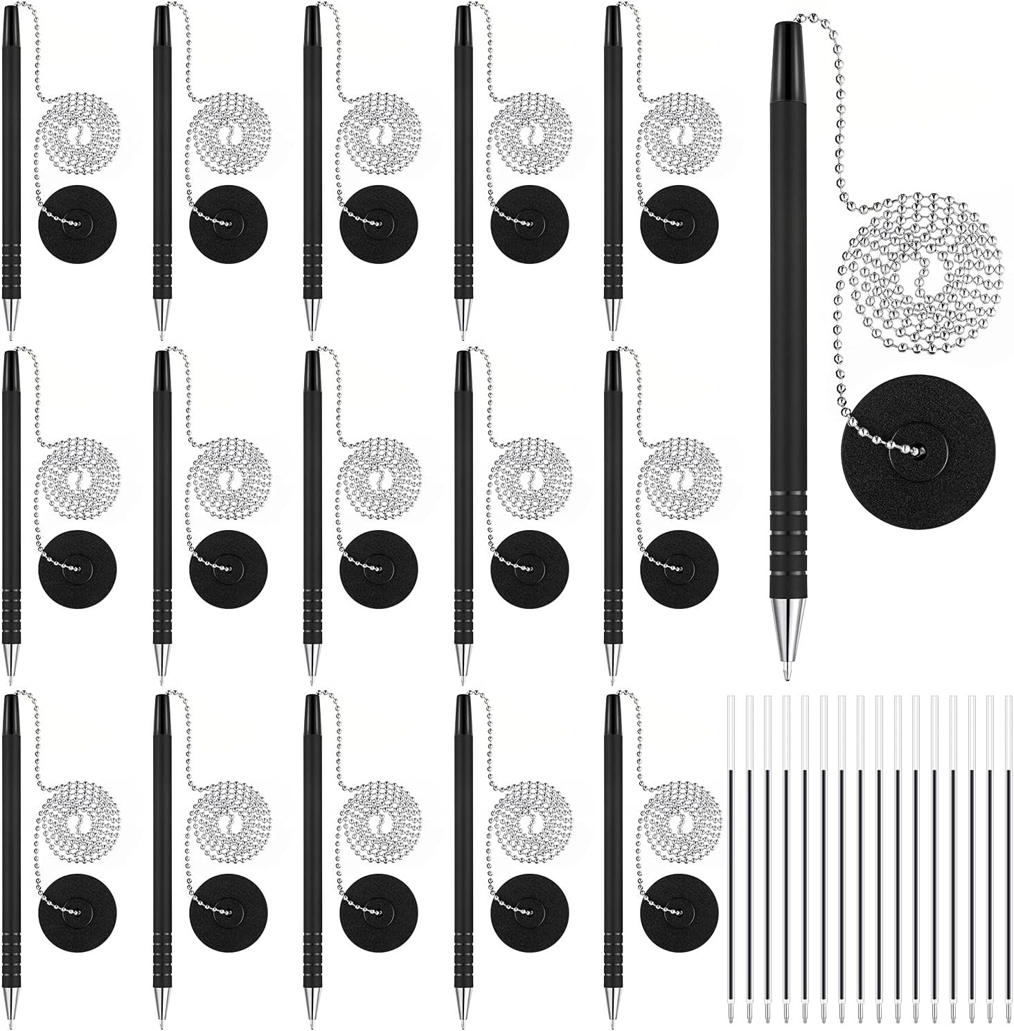 64-Piece Refillable Black Ink Security Pen Set with Chain Holders for Offices