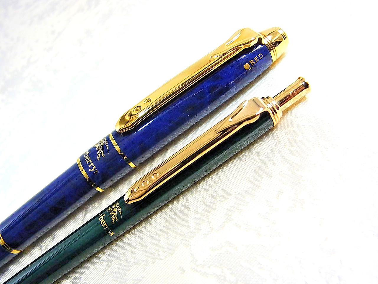 Burberry Blue Marble 3‑color & Green Ballpoint Pen Gold Trim with Box Mint