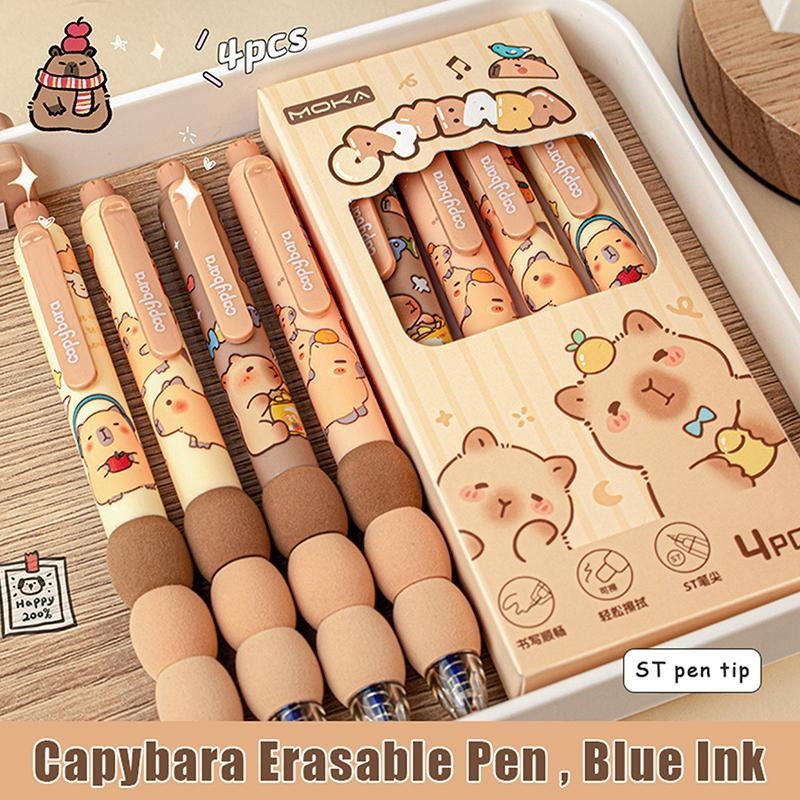 4pcs Capybara Erasable Gel Pens, Quick‑dry Smooth Writing Neutral Stationery