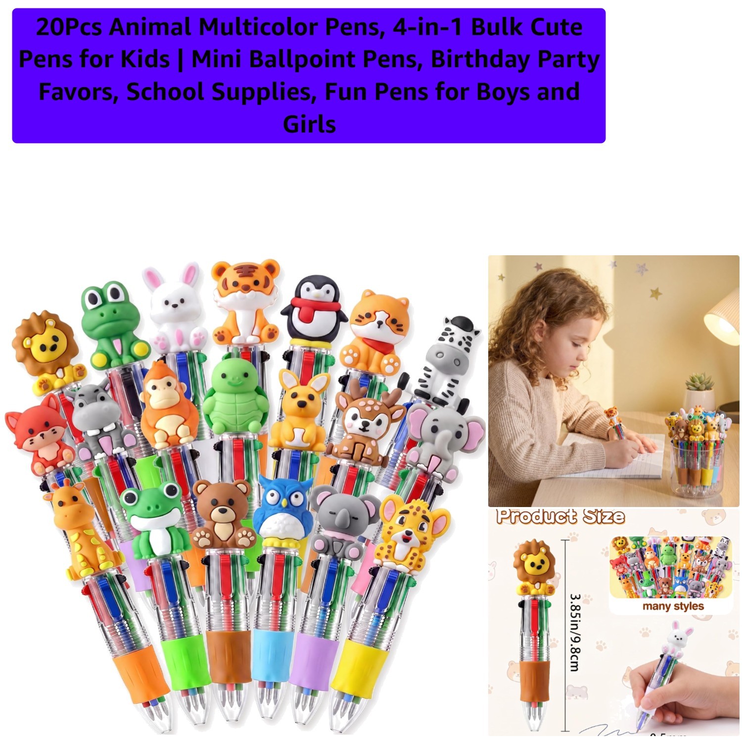 20Pcs Animal Multicolor Pens, 4-in-1 Bulk Cute Pens for Kids | Mini Ballpoint…