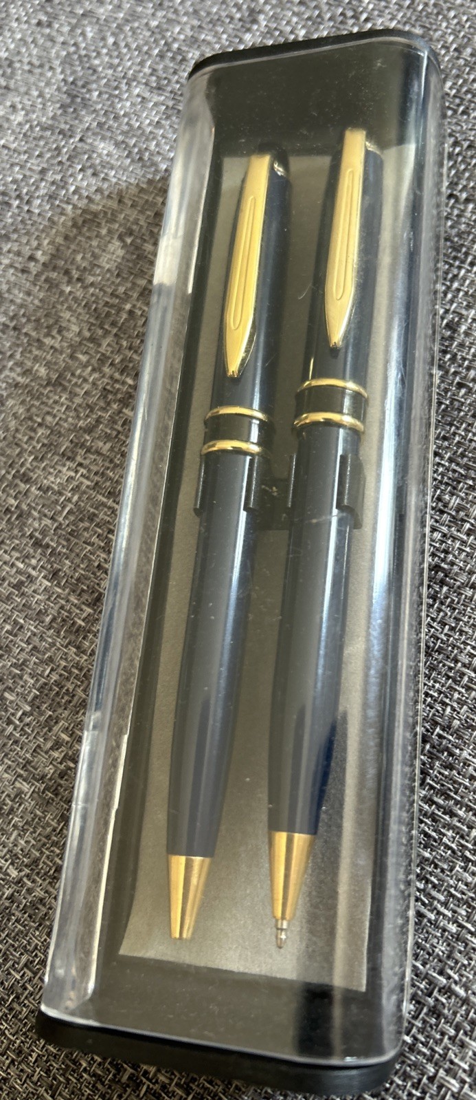 Vintage pair of Ball Point Pens Estabrook? Navy Blue and Gold In Plastic case