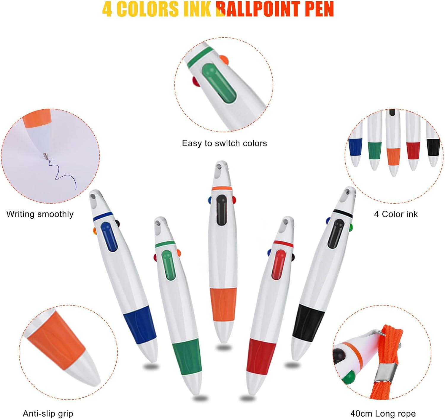 5 Pcs Retractable Pen with Lanyard, Neck Pens Multicolor Pen Rope Shuttle Pen 4