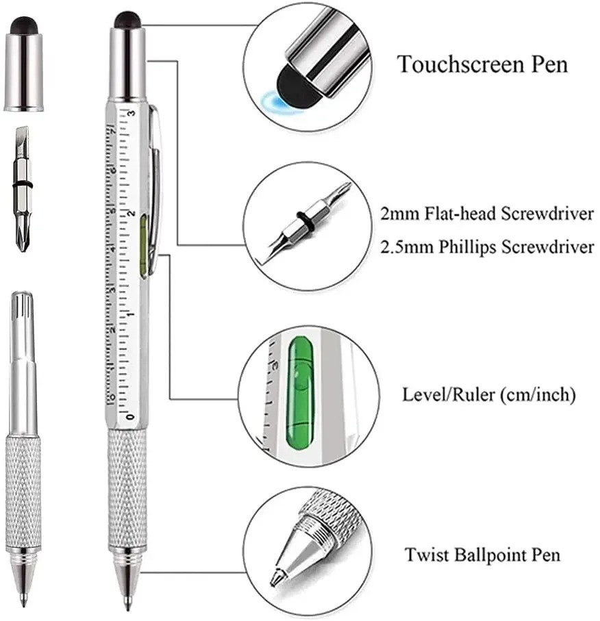 7-in-1 Multifunctional Multi-Tool Pen with Screwdriver, Ruler, Level, Stylus & B