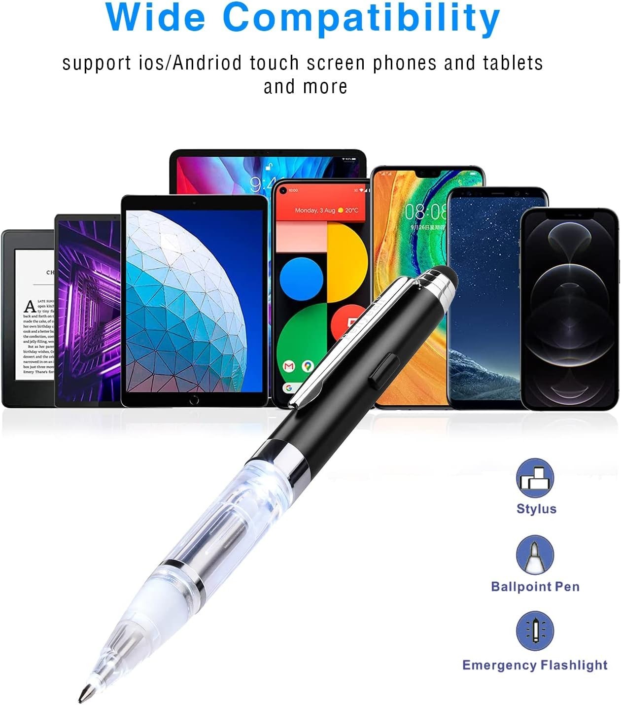 Pen with Light and Stylus Tip (2 Cts), 3 in 1 Light up Pens with Rubber Tip Styl